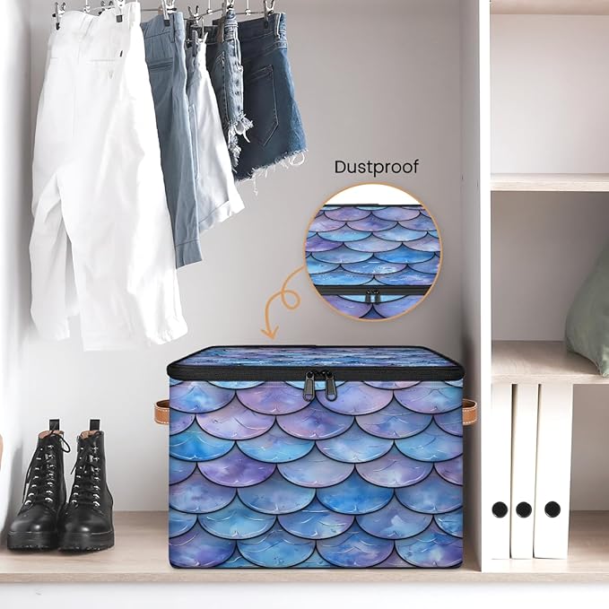 Mermaid Scales Storage Bins With Lids Fabric Collapsible Storage Box with Leather Handles for Home Bedroom Foldable Closet Shelf Organizer