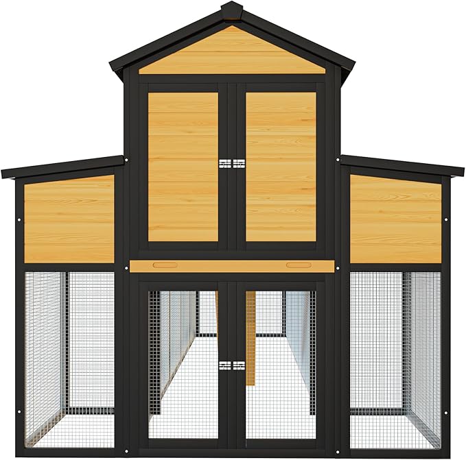 Large Wooden Chicken Coop Outdoor Hen House with Nesting Box，Walk-in Poultry Cage with Secure Locks, Metal Mesh Run for Backyard Farm Use (Black 150")