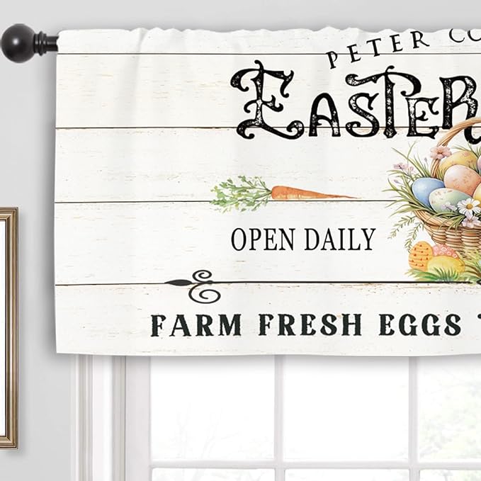 Miyotaa Rustic Easter Eggs Spring Kitchen Curtain Valance 54W x 18H Rod Pocket Farmhouse Rabbit Bunny Carrot Window Treatment for Living Room Bedroom Bathroom