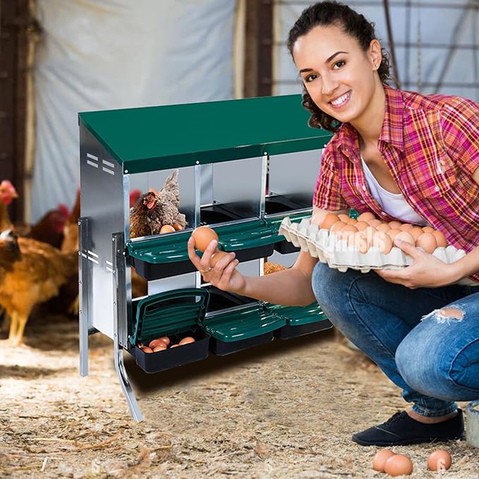 Chicken Nesting Box, 2-Tier Chicken Egg Laying, 10 Compartments Chicken Laying Box for Hens, 10 Room Metal Nesting Boxes for Chicken, Roll Away Nest Box with Lid Cover to Protect Eggs,10 Holes Green