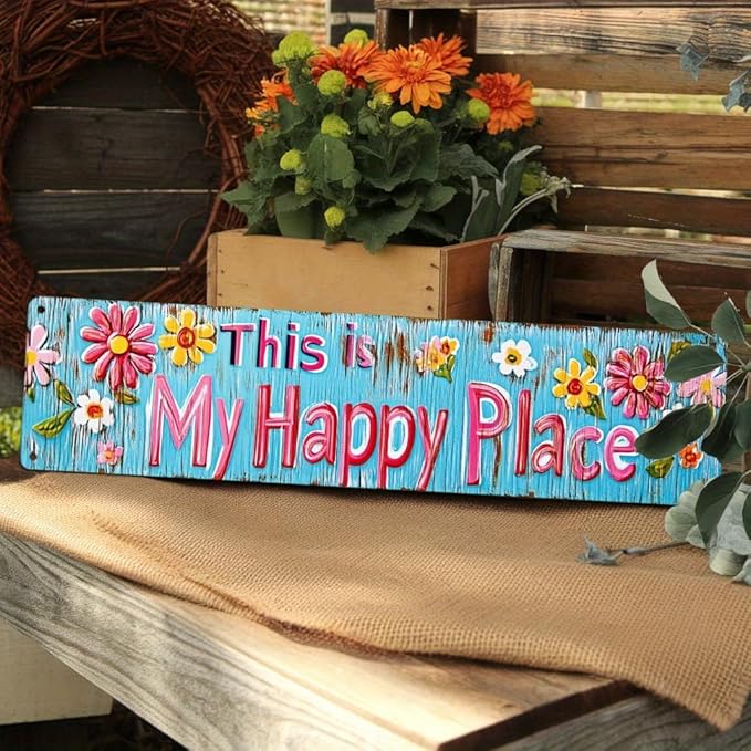 This is My Happy Place Metal Tin Sign Rustic Floral Wall Decor for Bedroom Living Room Kitchen Bathroom Porch 4x16 Inch
