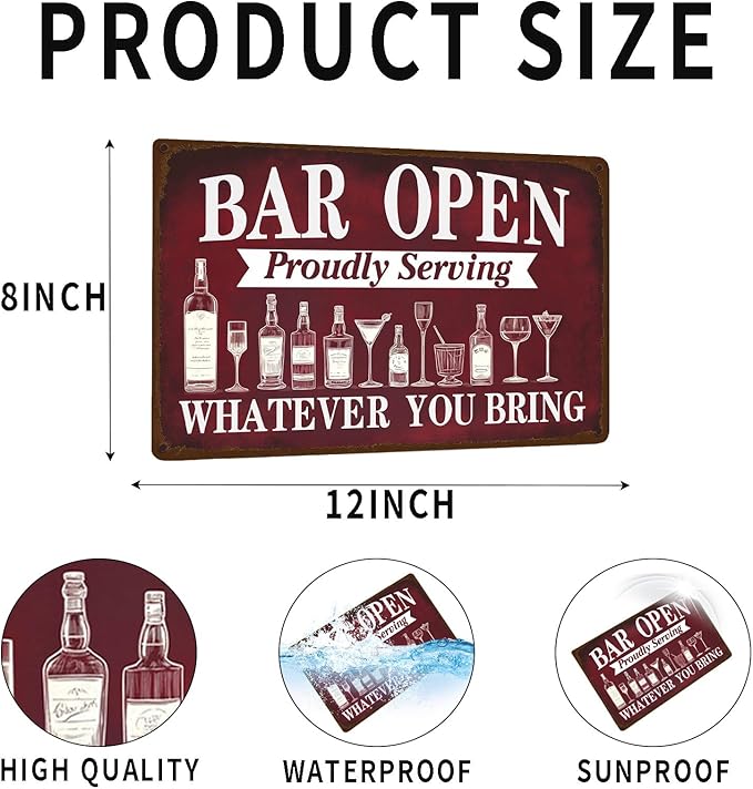 Vintage Metal Sign Bar Open Proudly Serving Whatever You Bring Beer Tin Sign Wall Decor for Kitchen Living Room Pub Cafe Bar 12×8 Inch