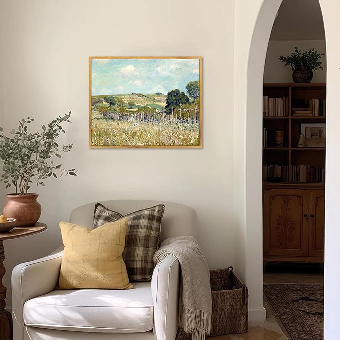 Sky Grassland Wall Art Vintage Farmhouse Pictures Nature Scenery Painting Colorful Farmhouse Artwork Countryside Canvas Wall Art Farmhouse Wildflower Painting Rustic Landscape Poster 8x10inch Framed