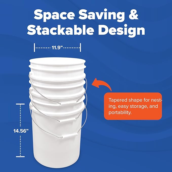 5 Gallon Bucket Only | Made in USA | Food Grade | Durable 90 Mil All Purpose Pail | BPA Free | Premium HPDE | Easy Stack and Store | Lids Not Included (Natural, 6)