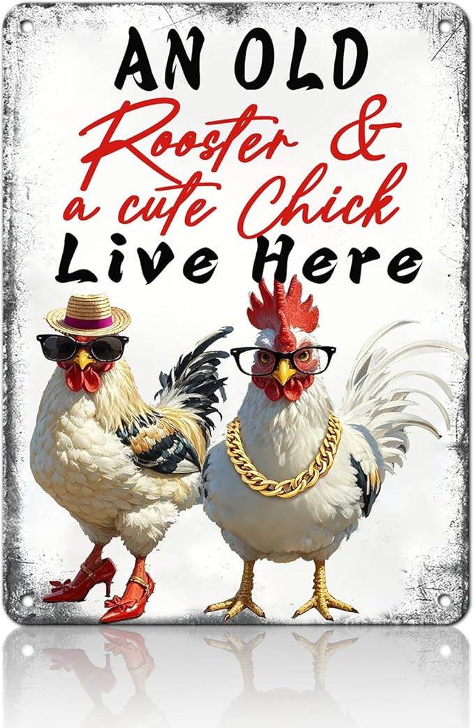 Rooster Wall Decor Chicken Signs Chicken Coop Accessories Metal Tin Sign Vintage Style An Old Rooster And A Cute Chick Live Here Iron Poster 12x16 Inch