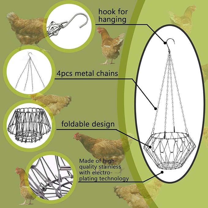 Hanging Chicken Feeder,12 in Large Foldable Chicken Feeder, Poultry Vegetable Fruit Feeding Holder with Hanging Chain(1 Pack)