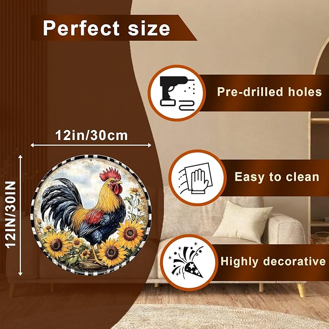 Chicken Round Metal Tin Sign Wreath Rustic Farm Rooster Animal Vintage Wall Art Decor for Home Kitchen Bar Decor 12x12inch