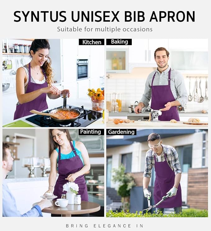 Syntus Adjustable Bib Apron with 2 Pockets Cooking Kitchen Aprons for Women Men Chef