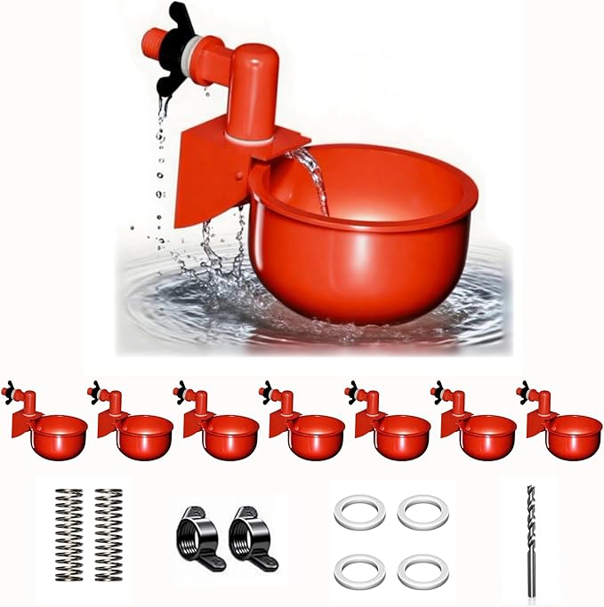 Chicken water cups by Hillside Homestead 8pk + Free Extras | Leak Resistant Automatic Chicken Waterer Cups for Baby chick supplies & Other Poultry | Fits 5 gallon buckets & DIY chicken water dispenser