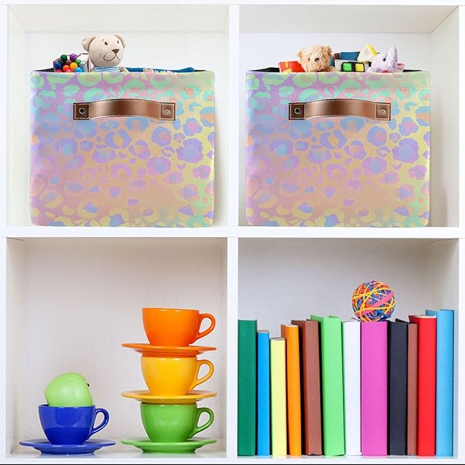 JIPONI Rainbow Leopard Fabric Storage Bins for Shelves, Decorative Storage baskets for organizing, Closet Organizer with Handle for Cloth, Toys, Bedrooms, Farmhouse