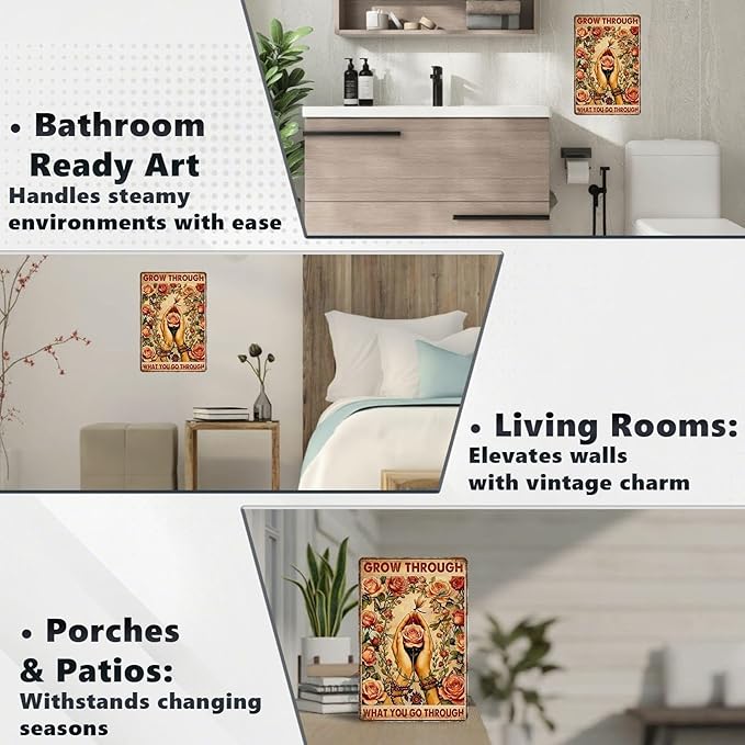 Vintage Flowers Tin Sign Grow Through What You Go Through Retro Garden Metal Sign Nostalgic Inspirational Wall Decor For Home Garden Plaque Yard Patio Porch Farmhouse Cafe Bar 12 * 8 In