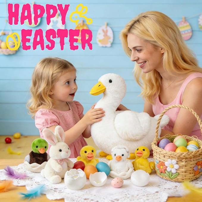 7 in 1 Duck Stuffed Animal Plush Duck Toys for Kids Toddler, 12" Mommy White Stuffed Duck Plush Toy with 4 Baby Ducks Ducklings Eggs Duck Plushie Pillow for Birthday Easter Stuffers Gifts Farm Party