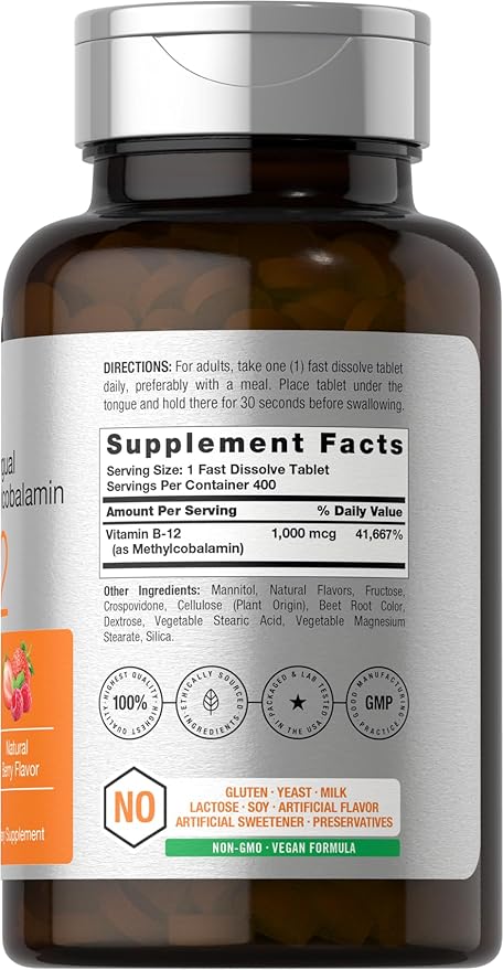 Horbaach Vitamin B12 1000 mcg Sublingual | 400 Fast Dissolve Tablets | Methylcobalamin Supplement for Women and Men | Berry Flavor | Vegan, Non-GMO, and Gluten Free