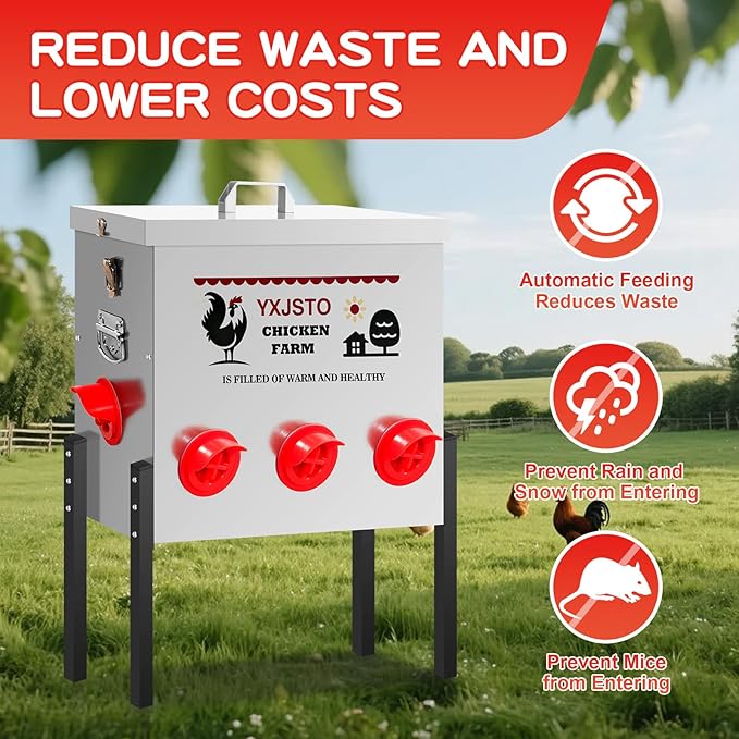 50LB Automatic Chicken Feeder with 8 Ports, Heavy Duty Metal No-Waste Poultry Feeder, Rustproof & Weatherproof Chicken Feeder with Adjustable Legs & Locking Lid