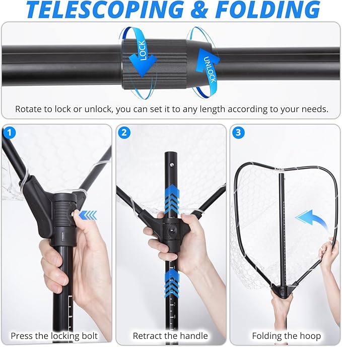 Large Telescoping Fishing Net, Folding Landing Net with Long Handle, Rubber Netting, Lightweight, Length 56″-75″, Hoop Size 20″ x 19″, Depth 20″, 25 lbs. Capacity