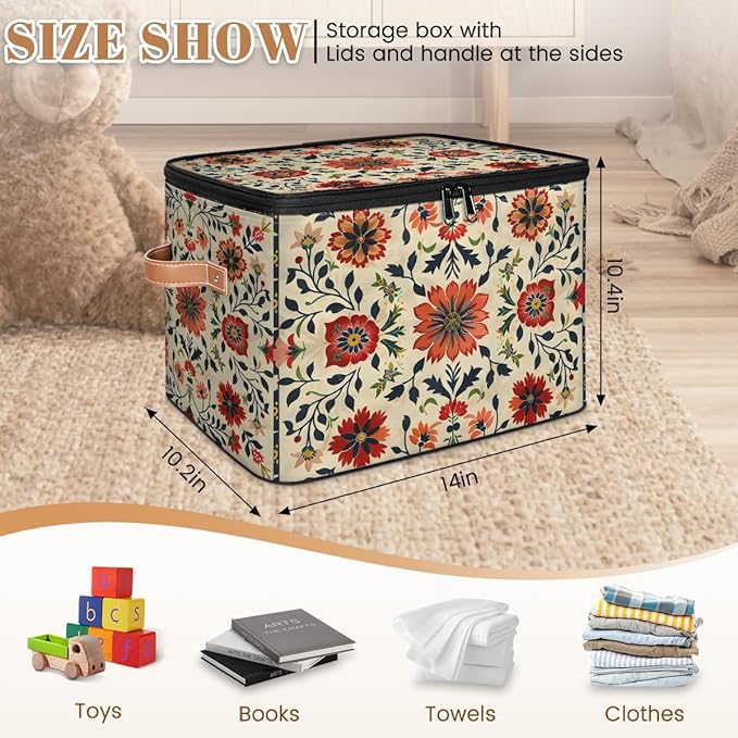 Boho Vintage Floral Pattern Storage Bins with Zipper Lid Fabric Storage Containers for Clothes Collapsible Closet Storage Basket with Metal Frame 1 Pack