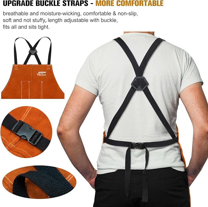 ARCCAPTAIN Leather Welding Work Apron 24" X 36" Heat Flame Resistant Cowhide Blacksmith Aprons with 6 Tool Pockets for Welders Men Women, Adjustable M to XXXL-Brown