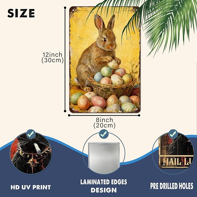 YoyaVex Easter Bunny Metal Sign Vintage Farmhouse Decorative Eggs Rustic Wall Art For Home Cafe Restaurant Garage Patio Garden Decor 8X12Inch