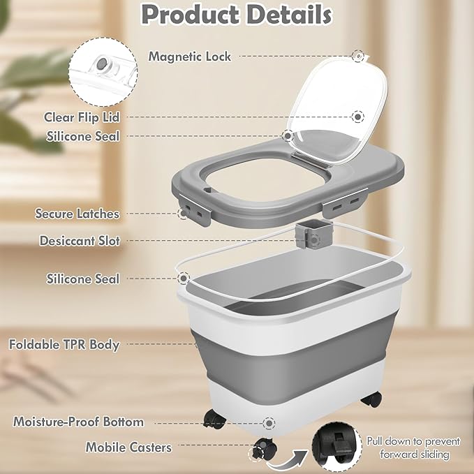 Dog Food Storage Container, 20Lbs Rice Storage Container Dispenser, Airtight Large Pet Cat Food Bin with Wheels, Scoop & Measuring Cup, Collapsible Kitchen Dry Food Holder for Four Sugar Cereal Kibble
