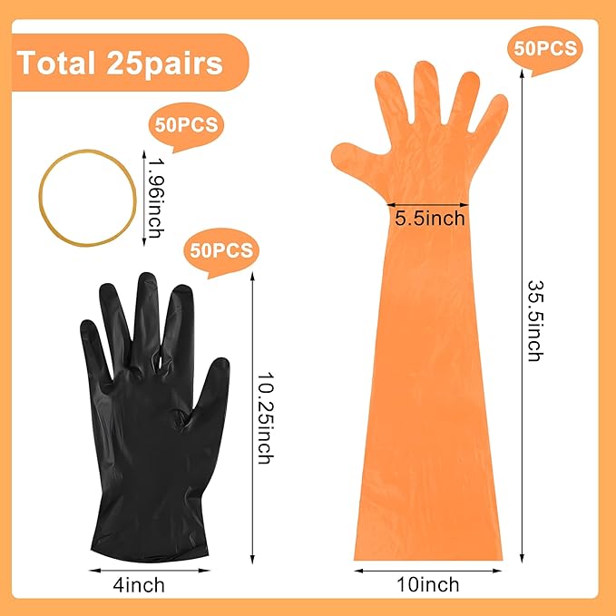 50 Pairs Field Dressing Gloves Disposable Deer Gutting Mittens Hunting Cleaning Gloves Combo with Long Arm Glove and Short Nitrile Glove for Hunting Cleaning Accessories