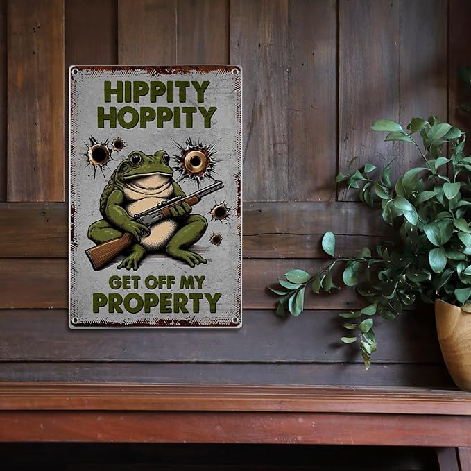 Frog Sign Funny Hippity Hoppity Get Off My Property Retro Metal Warning Wall Decor Humorous No Trespassing For Home Garden Man Cave Garage Room Bathroom 8 x 12 Inch