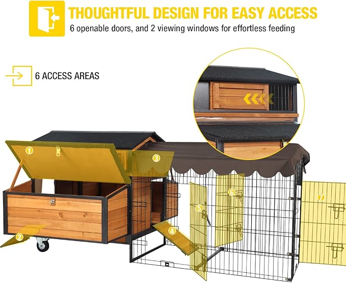 Large Mobile Chicken Coop with Run, Wheels & Leakproof Pull-Out Tray – Weatherproof Hen House with Nesting Box for Chickens, Ducks, Rabbits