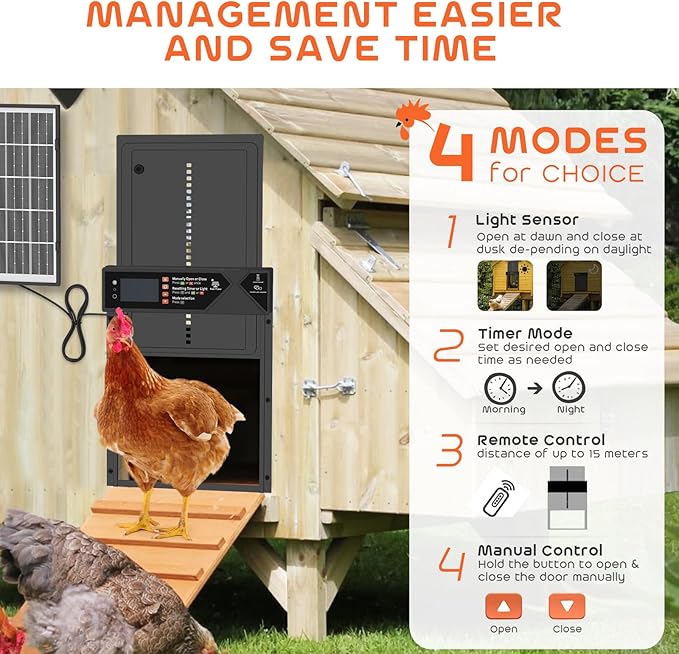 Large Automatic Chicken Coop Door, 4000mAh High Capacity Chicken Coop Door 7W Solar Powered with Timer & Light Sensor, Anti-Pinch Auto-Aluminum Chicken Door with Wire Clip & Remote Control-Black