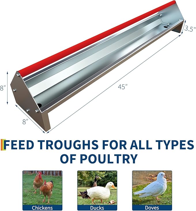 Chicken Feeding Trough 45 Inch, Heavy Duty Galvanized Steel Coop Feeder with Crossbar & Drainage Holes, Large Capacity Metal Poultry Trough Feeder for Ducks, Birds Red