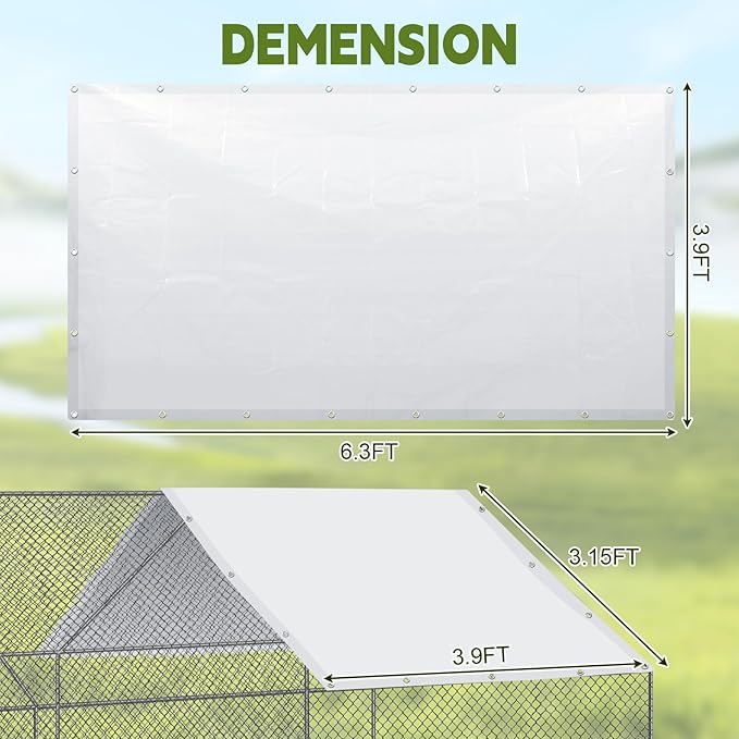 VitalCozy 2 Pcs Chicken Coop Cover Waterproof 6.3 x 3.9 ft Chicken Run Cover Coop Tarp Accessories for Winter with 50 Pcs Ball Bungees Cords for Outdoor (White)