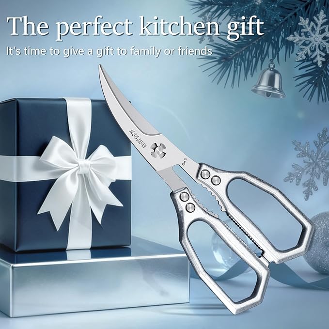 Huusk Silver Multi-Purpose Seafood Scissors - Easy to Take Apart for Thorough Cleaning -Sharp Kitchen Shears with Oversized Handles for Less Strain - for Crab, Shrimp, Christmas Gift for Men and Women