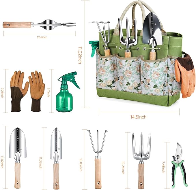 APSARAS USA Gardening Tools 9-Piece Heavy Duty Gardening Tool Set with Fashion and Durable Garden Tool Set Organizer Handbag,Rust-Proof Garden Tools, Ideal Gifts for Women