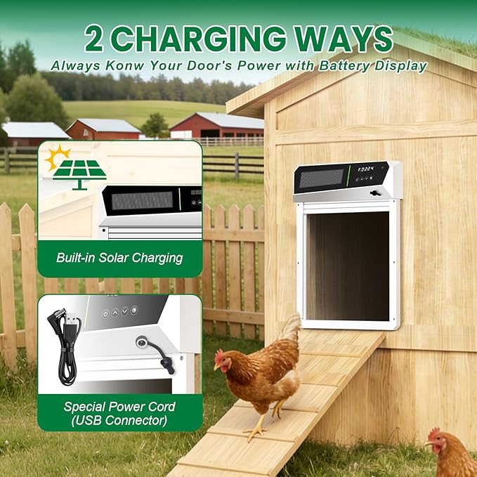 Solar Automatic Chicken Coop Door with Built-in Solar Power & Battery Backup and Timer & Manual Control， Anti-Pinch Safety System, Large LCD Display, Weatherproof Aluminum Auto Chicken Coop Door