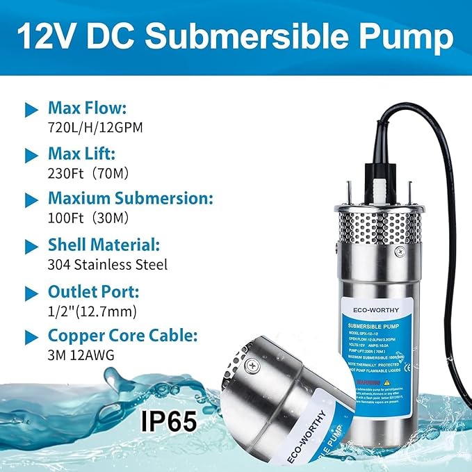 ECO-WORTHY 12V DC Stainless Steel Deep Well Pump Kit - Submersible Pump for Well, Pond, Farm, Home | 20A Battery Charger,12V 50AH Lithium Battery & Controller | Multiple Packages Delivery