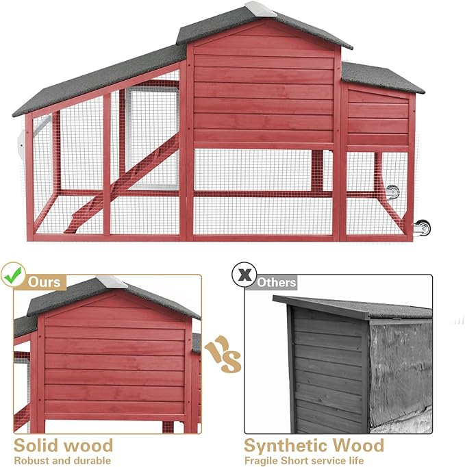 PetsCosset Chicken Coop Wooden Backyard Hen House - Indoor Outdoor for 2-3 Chickens, 2 Story Poultry Cage with Run, Chicken Nesting Box, Pull Out Trays and Anti-Slip Asphalt Ramp
