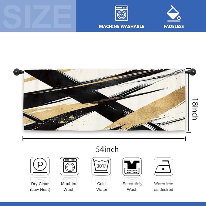 Modern Black Gold Kitchen Curtain Valance 54W x 18L Inch Contemporary Minimalist Line Art Rod Pocket Short Cafe Small Window Treatment Drapes Decor