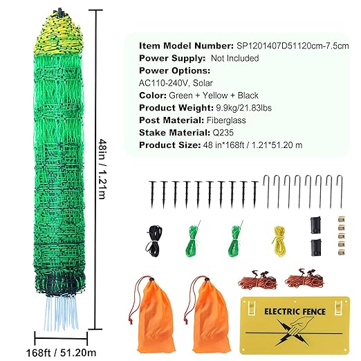 Happybuy Electric Fence Netting, 48" H x 168' L, PE Fencing Kit with Posts & Double-Spiked Stakes for Poultry, Portable Mesh for Backyards, Farms, and Ranches