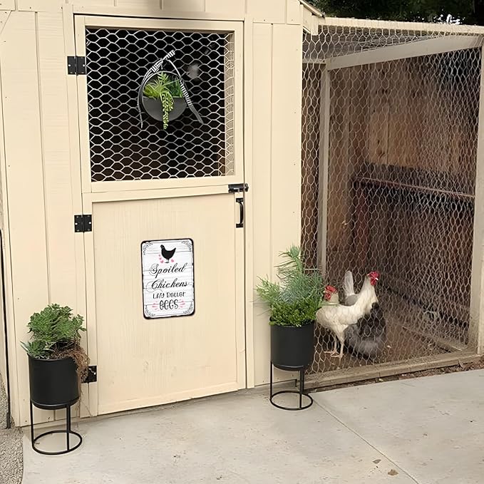 Farmhouse Chicken Coop Sign - "Spoiled Chickens Lay Better Eggs" Aluminum Decor, 12" x 8", Perfect for Chicken Coop Accessories and Country Farm Decor (9662）