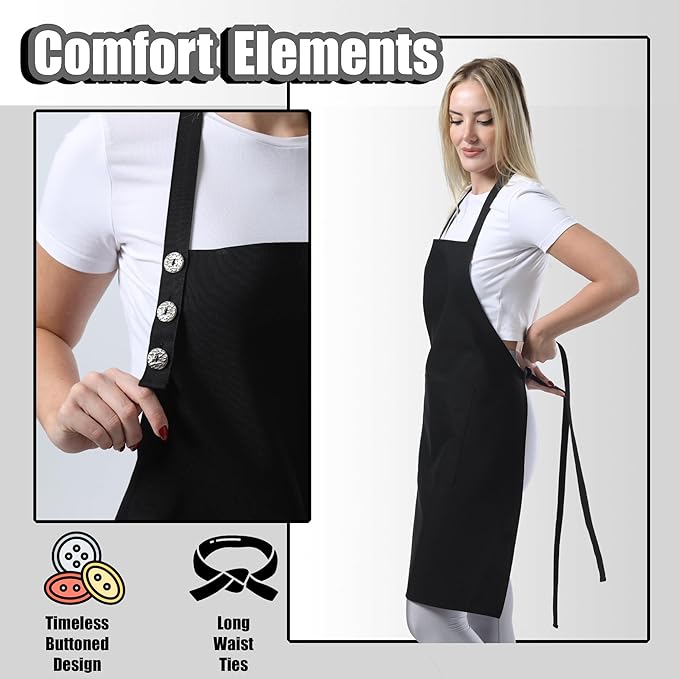 TOSHE Kitchen Apron Waterdrop Resistant Cotton Apron with adjustable Aprons for Women with Pockets 10 Color option Cooking Black Apron (Black)