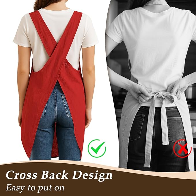 Apron for Women with Pocket Cotton Linen, Japanese Cross Back Apron for Gardening Painting