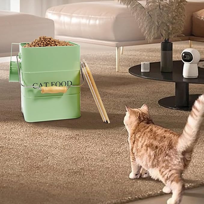 Morezi Cat Food Storage Container Storage bin with Wooden lid Scoop Included Green Metal cat Food Container in Kitchen countertop