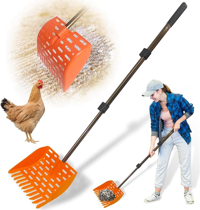 Chicken Dog Poop Scooper & Rake 2-in-1 Telescopic Chicken Litter Scoop for Chicken Coops & Small Farm Animals Sand Sifting Litter Shovel (Orange)