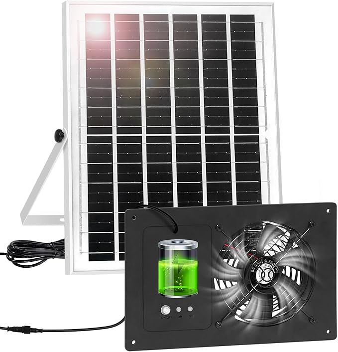 Solar Powered Fan with Battery Run Day/Night, 15W Solar Fan for Chicken Coop with 16.4Ft Cable,3/6H Timer, Waterproof Greenhouse Fans for Shed, Chicken Coop,Ventilation