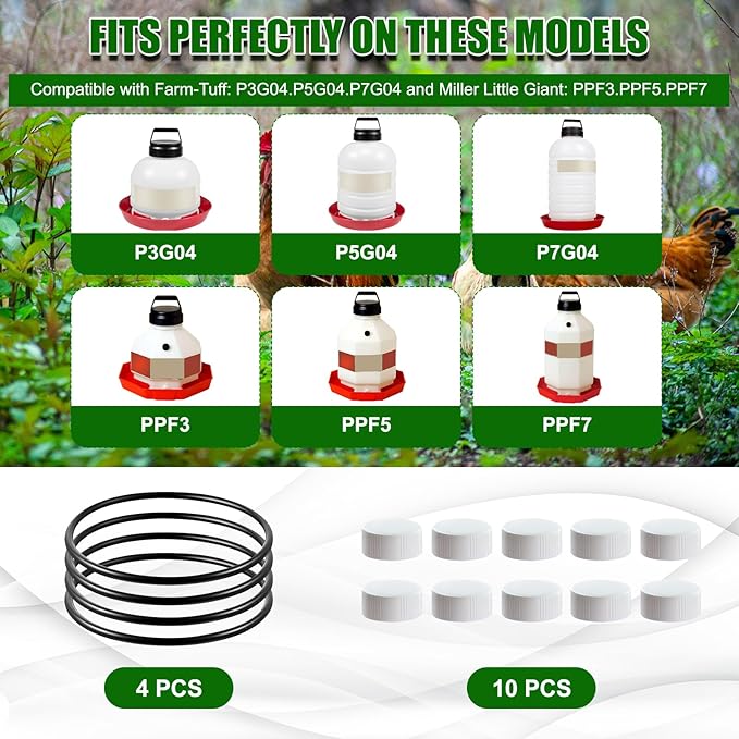 Plastic Poultry Waterer Replacement Parts Kit - 10 Caps & 4 O-Rings, Compatible with Miller, Little Giant PPF & Farm-Tuff 3/5/7 Gallon Poultry Founts (White)