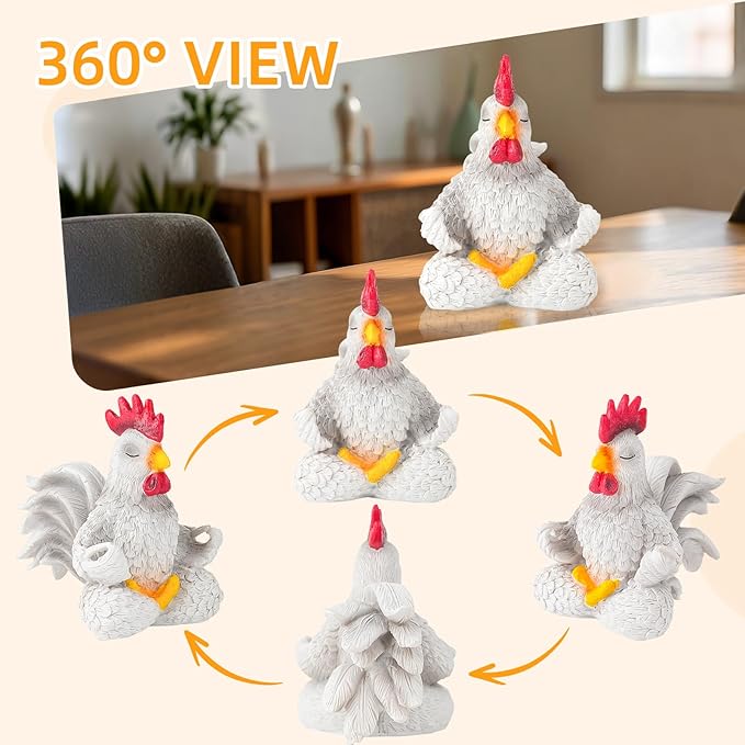 White Rooster Statue Decor for Living Room Desk Bedroom Bookshelf and Office Display, Modern Aesthetic Chicken Figurine Yoga Meditating Decoration, Unique Present for Women Christmas Birthday