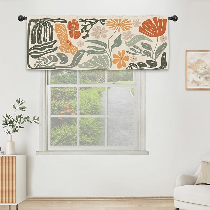 Colorful Abstract Flower Kitchen Curtain Valance 54W x 18L Inch Minimalist Matisse Funky Groovy Art Aesthetic Spring Rod Pocket Short Cafe Small Window Treatment Drapes Decor