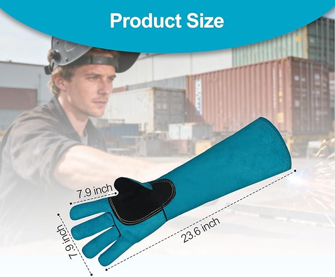 Welding Gloves 23.6" Heat-Resistant Leather, Long Gauntlet Forearm Protection for TIG/MIG, Also for Animal Handling