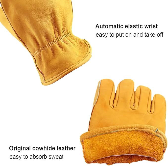 OZERO Gardening Work Gloves Men,Insulated Heavy Duty Cut Resistant Thorn Proof Leather Cowhide Gloves for Driving Welding