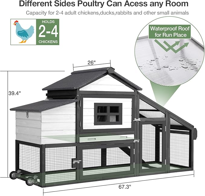 Mobile Chicken Coop with Wheels, Outdoor Hen House with Leak-Proof Tray, UV-Resistant Roof & Nesting Box for Chickens, Ducks, Rabbits (Black)