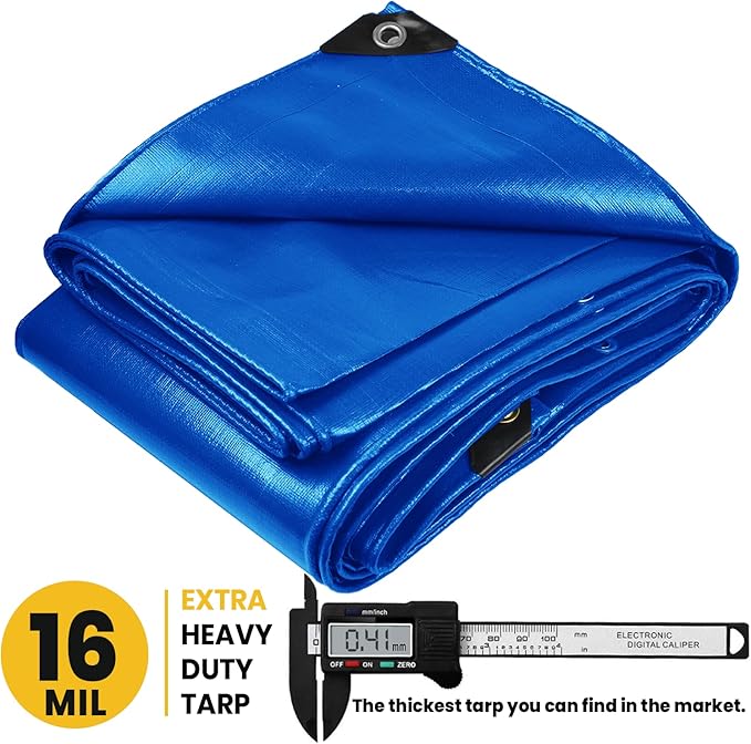 PROTARP Extra Heavy Duty 16 Mil Tarp Cover, Waterproof, UV Resistant, Rip and Tear Proof, Poly Tarpaulin with Reinforced Edges for Roof, Camping, Patio, Pool, Boat. (Blue 12′ X 25′)