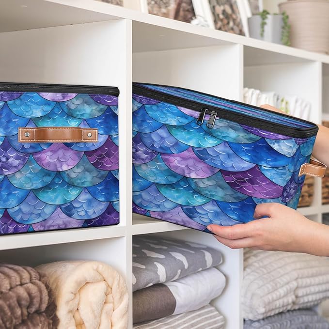 Mermaid Scale Fish Scale Ocean Storage Bins With Lids Fabric Collapsible Storage Box with Leather Handles for Home Bedroom Foldable Closet Shelf Organizer